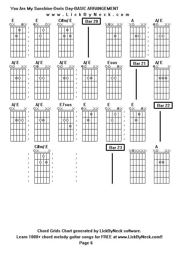 Chord Grids Chart of chord melody fingerstyle guitar song-You Are My Sunshine-Doris Day-BASIC ARRANGEMENT,generated by LickByNeck software.